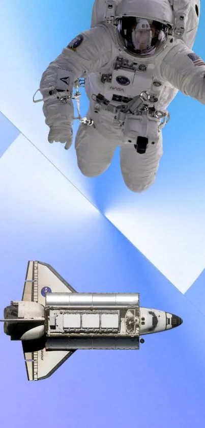 Astronaut floating with space shuttle and blue gradient background.