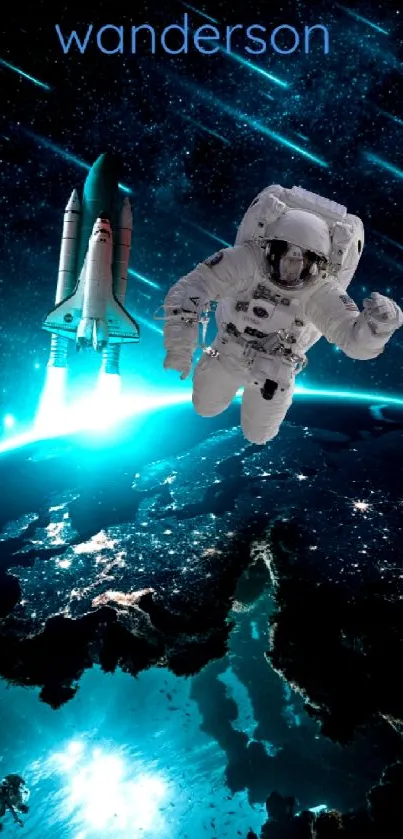 Astronaut floating in space with shuttle and glowing earth backdrop.