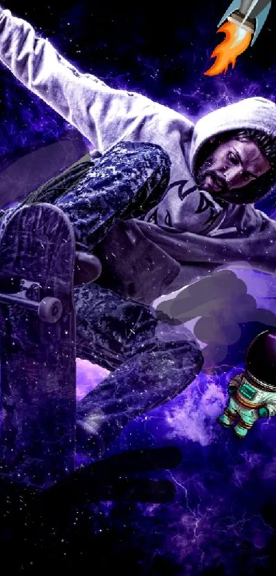 Skateboarder and astronaut in purple cosmic scene.