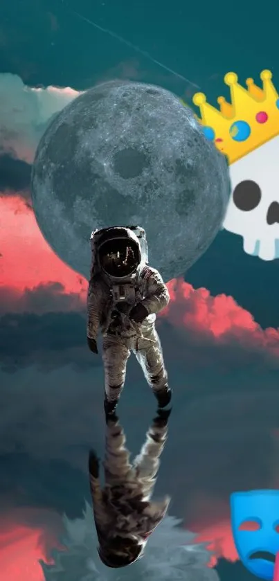 Astronaut and skull with moon in digital art wallpaper.