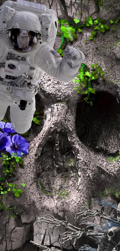 Fantasy art with astronaut, skull, and flowers.