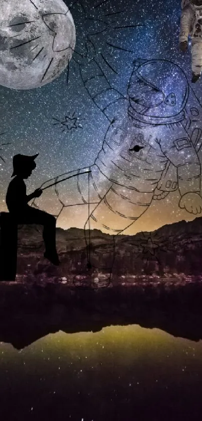 Child fishing with astronaut in starry night art on a mobile wallpaper.