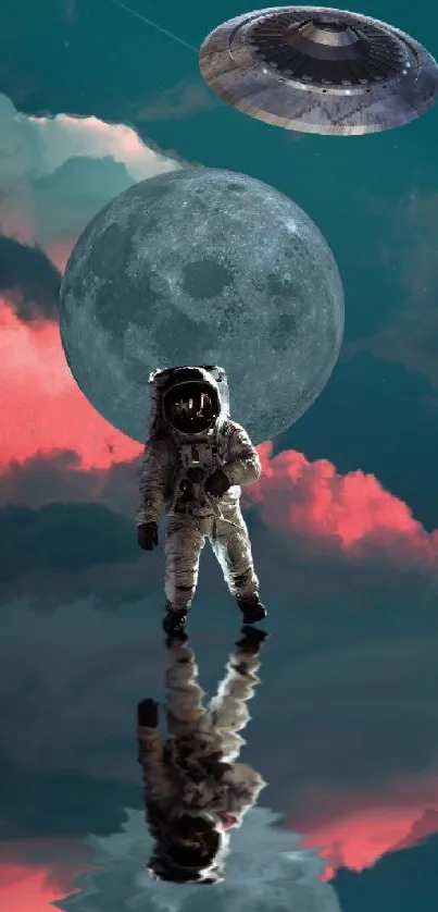 Astronaut beneath the moon with a UFO in a fantasy sky.