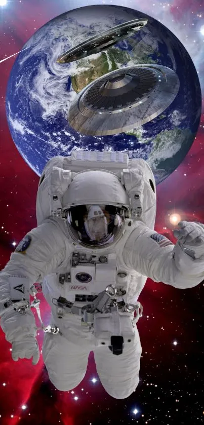 Astronaut floating in space with UFOs and Earth background.