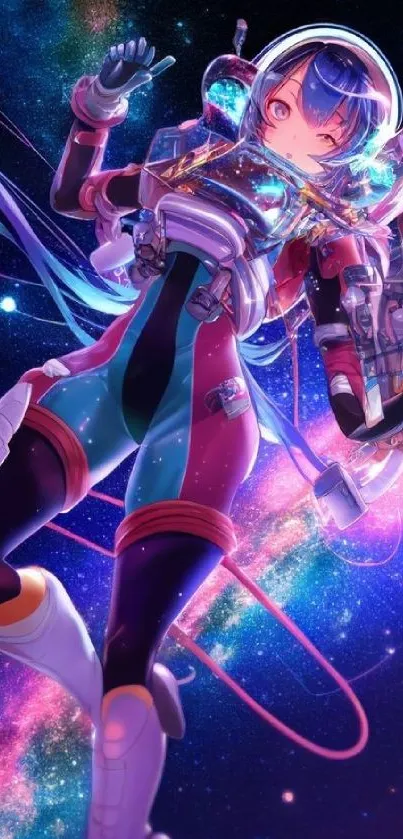 Anime astronaut in a colorful galaxy with vibrant starry background.