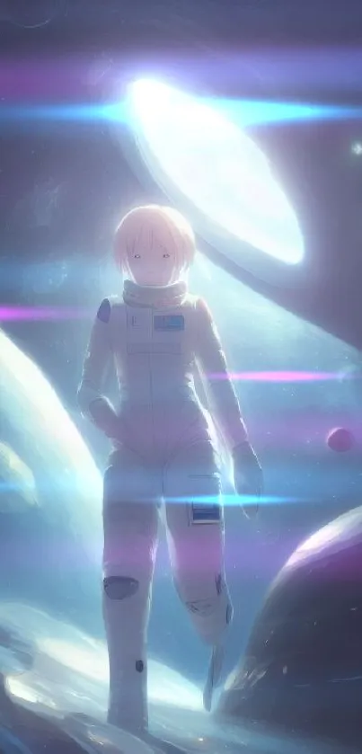 Anime astronaut floating in space, surrounded by cosmic elements.