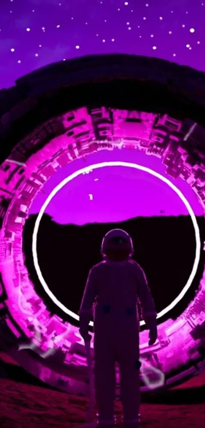 Astronaut stands at glowing cosmic portal with purple sky backdrop.