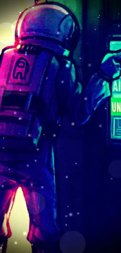 Digital art of astronaut near airlock in neon colors.