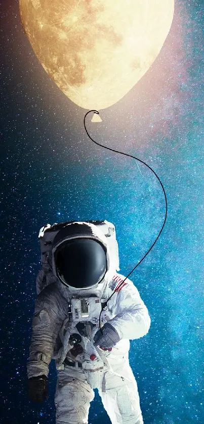 Astronaut with moon balloon in space art.