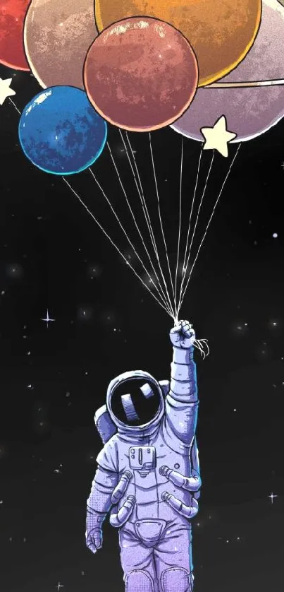 Astronaut holding colorful balloons, floating in a starry space backdrop.