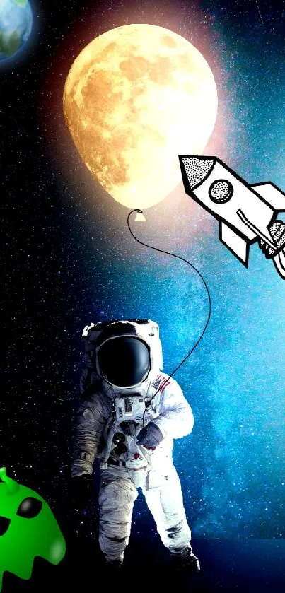 Astronaut floating with balloon moon and rocket in cosmic space art.