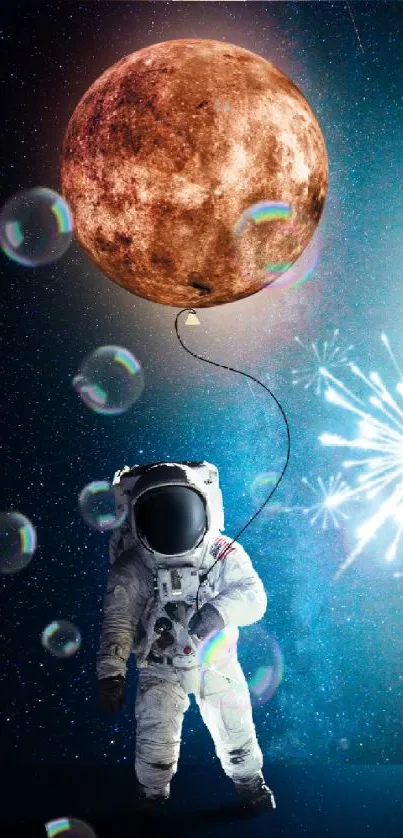 Astronaut floating with a planet-shaped balloon in a starry cosmic scene.