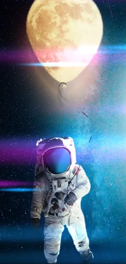 Astronaut floating with moon balloon in space, vibrant cosmic backdrop.