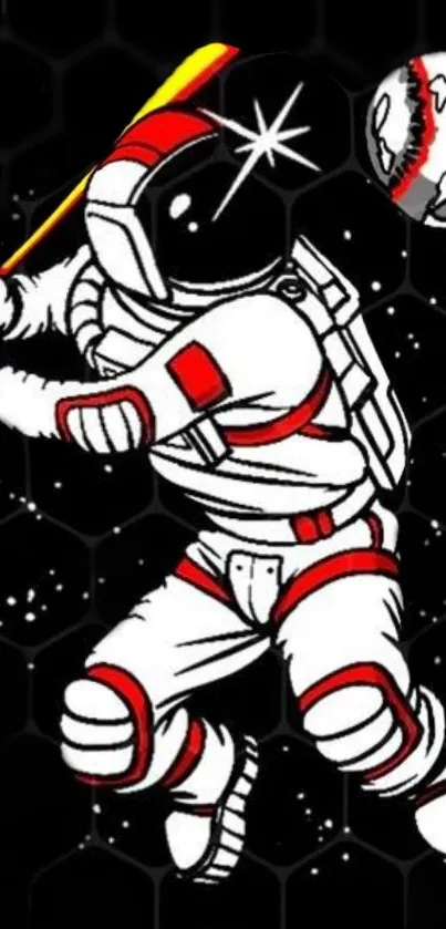 Astronaut batting a moon-ball in a cosmic-themed wallpaper.