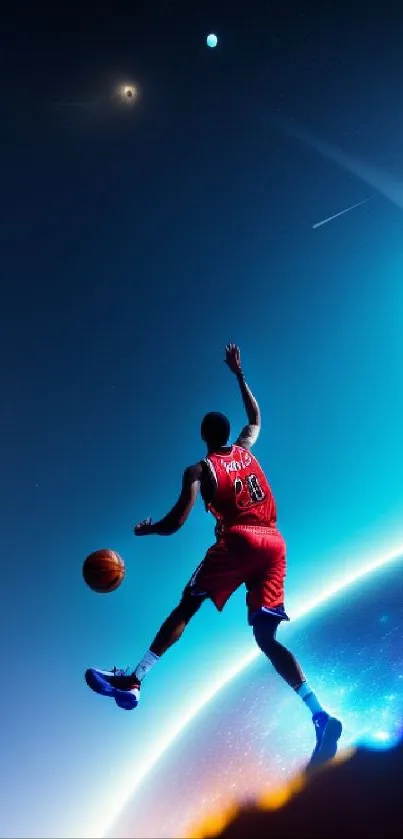 Astronaut playing basketball in space with a cosmic backdrop.