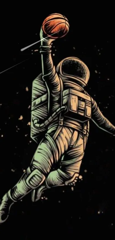 Astronaut performing a basketball dunk in space-themed artwork.