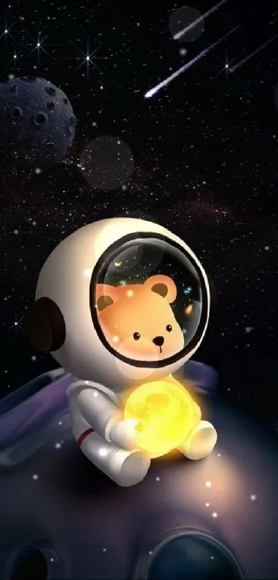 Cute astronaut bear holding glowing moon in space.