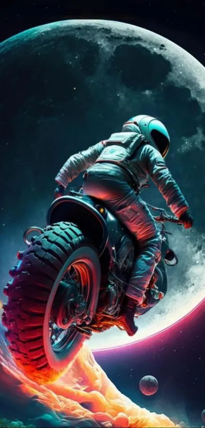 Astronaut riding motorcycle towards the moon.