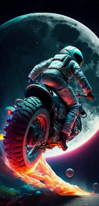 Astronaut on a motorcycle with the moon backdrop, cosmic scene.