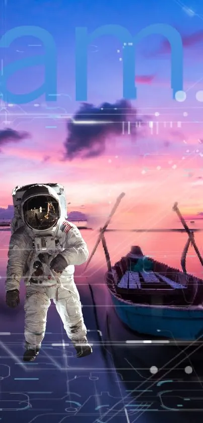 Astronaut near boat with pink sunset background.