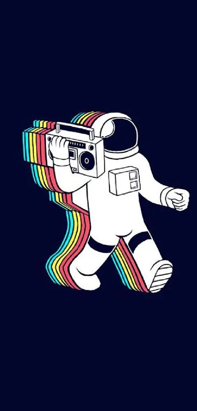 Astronaut with boombox on dark background, colorful stripes trailing.