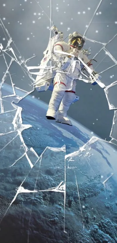 Astronaut breaking through glass in space with Earth in the background.