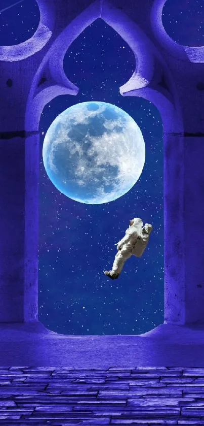 Astronaut floating by blue moon in gothic arch window scene.