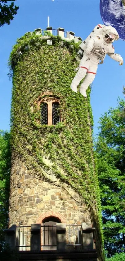 Astronaut floating near rustic ivy-covered tower with Earth in background.