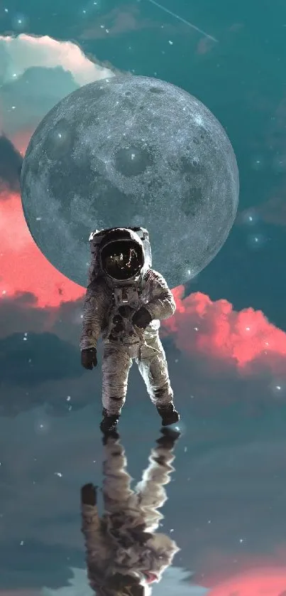 Astronaut reflected by moon under starry, teal sky with clouds.