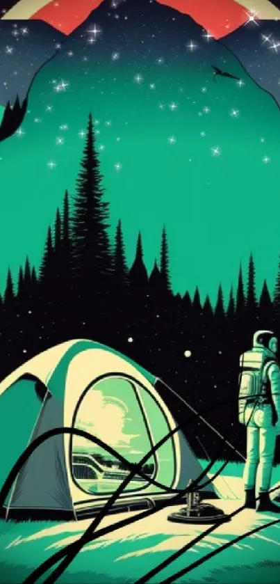 Astronaut stands beside a tent under a vibrant starlit mountain sky.