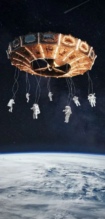 Astronauts on a carousel above Earth with a cosmic background.