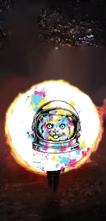 Colorful astronaut cat on dark background.