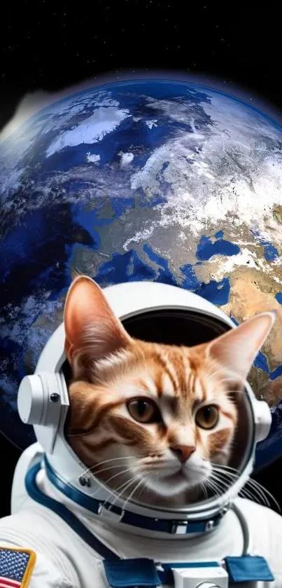 Cat astronaut in space with Earth view.