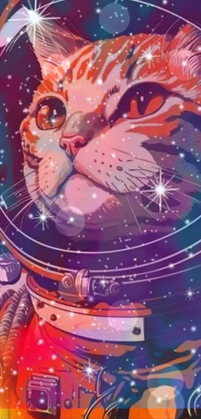 Whimsical astronaut cat in cosmic suit with vibrant starry background.