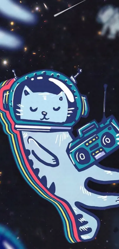 Cute astronaut cat floating in space with a radio.