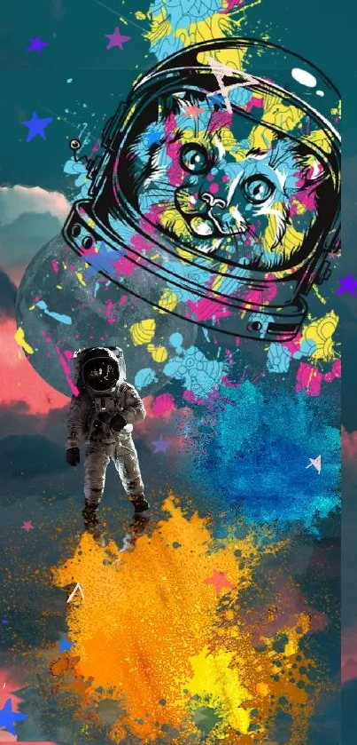 Vibrant wallpaper of an astronaut with a colorful cat in space.