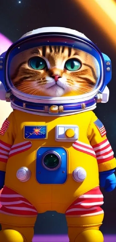 Cute astronaut cat in a yellow suit with a cosmic background.