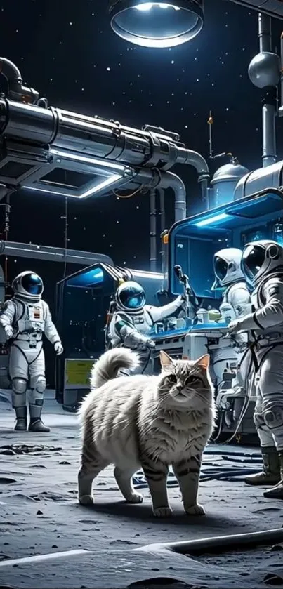 Space-themed wallpaper with astronauts and a cat.