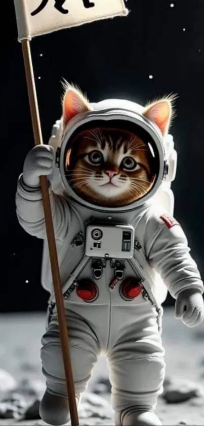 Astronaut cat holding a flag on the moon in a whimsical scene.