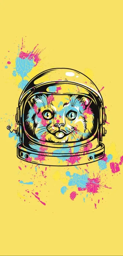 Colorful cat in astronaut helmet on yellow background.