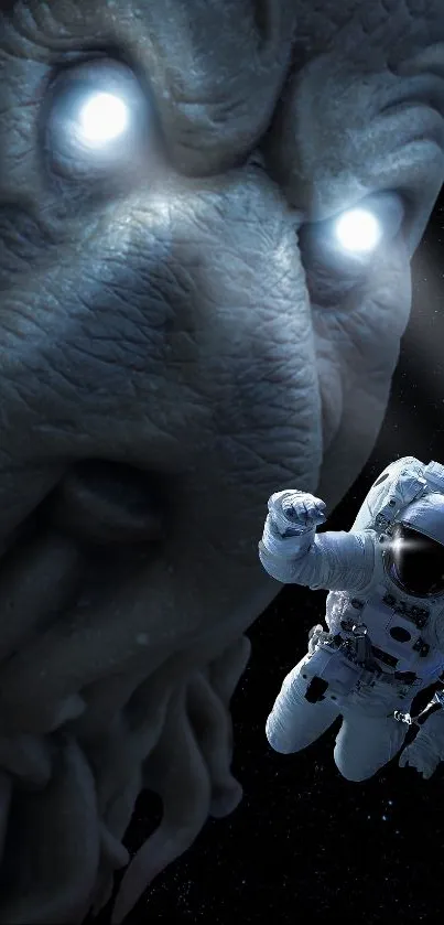 Astronaut faces a large cosmic creature in space, creating an intense sci-fi scene.