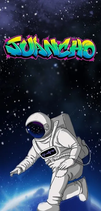 Graffiti-style astronaut floating in space with a cosmic background.