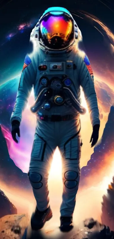 Vibrant astronaut in cosmic landscape wallpaper.