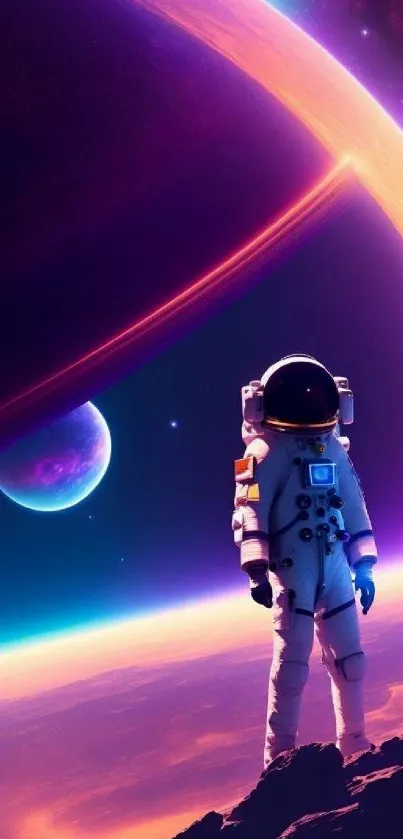 Astronaut on colorful planet in space.