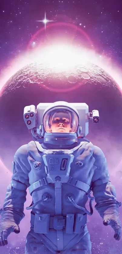 Astronaut in a cosmic scene with a purple hue.