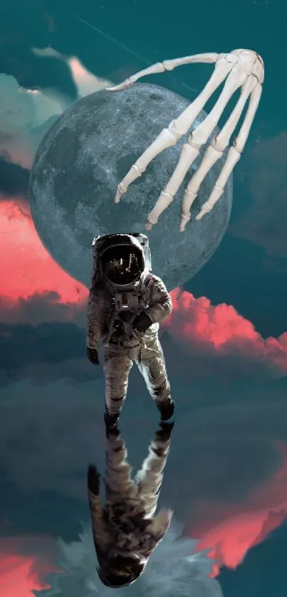 Astronaut walking on a reflective surface under a cosmic sky with moon and skeletal hand.