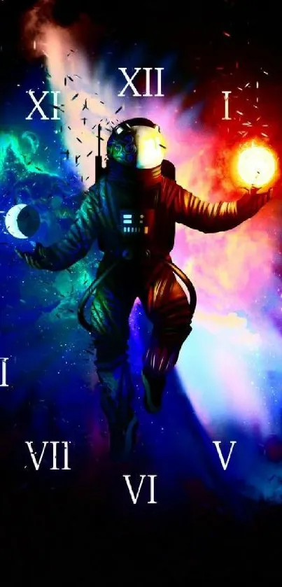 Astronaut with cosmic clock and glowing galaxy in vibrant colors.