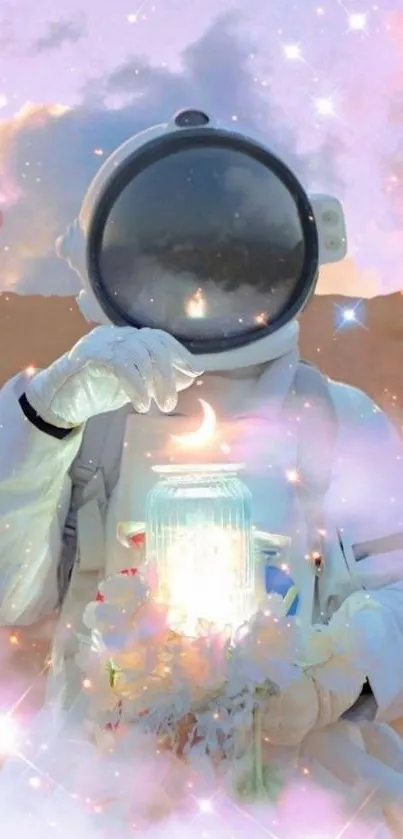 Astronaut holding a glowing jar amidst a pastel cosmic dreamscape.