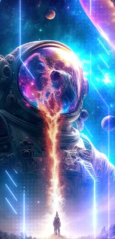 Astronaut in a vibrant, surreal cosmic dreamscape wallpaper.