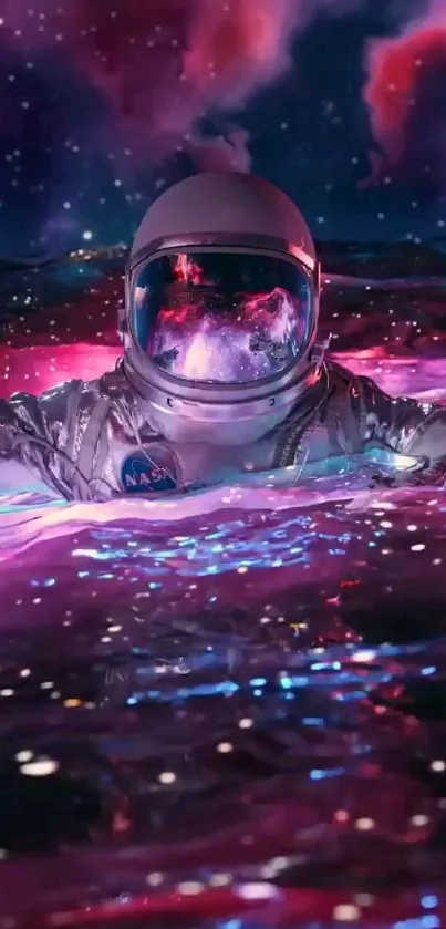 Astronaut in a cosmic sea with vibrant purple hues and starry sky.